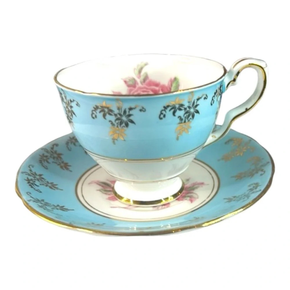 Antique Royal  Stafford Margaret Rose Blue Tea Cup and Saucer Bone China England